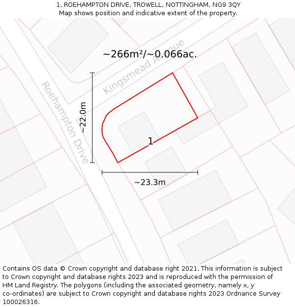 1, ROEHAMPTON DRIVE, TROWELL, NOTTINGHAM, NG9 3QY: Plot and title map