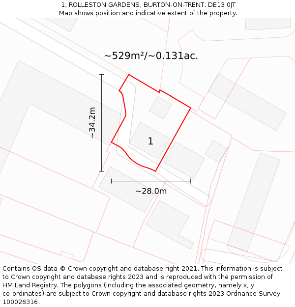 1, ROLLESTON GARDENS, BURTON-ON-TRENT, DE13 0JT: Plot and title map