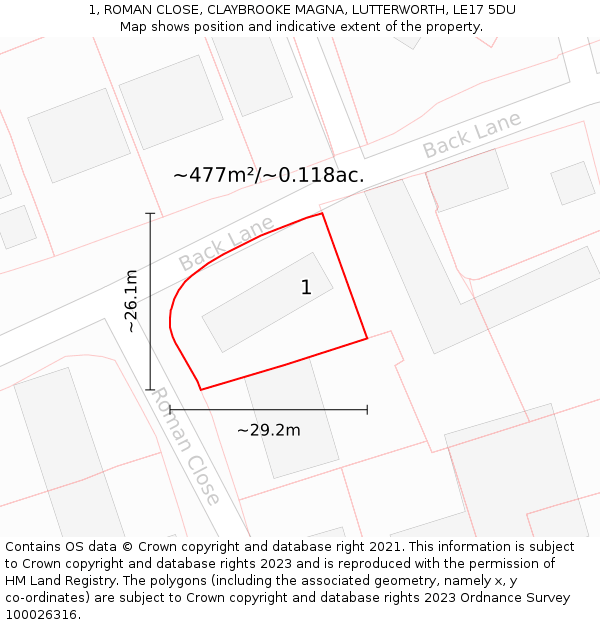 1, ROMAN CLOSE, CLAYBROOKE MAGNA, LUTTERWORTH, LE17 5DU: Plot and title map