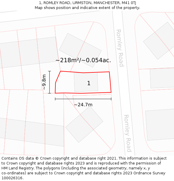 1, ROMLEY ROAD, URMSTON, MANCHESTER, M41 0TJ: Plot and title map