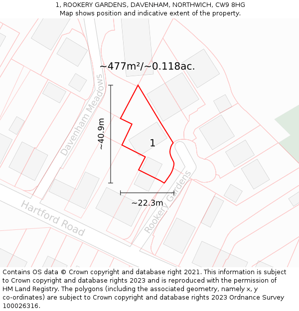 1, ROOKERY GARDENS, DAVENHAM, NORTHWICH, CW9 8HG: Plot and title map