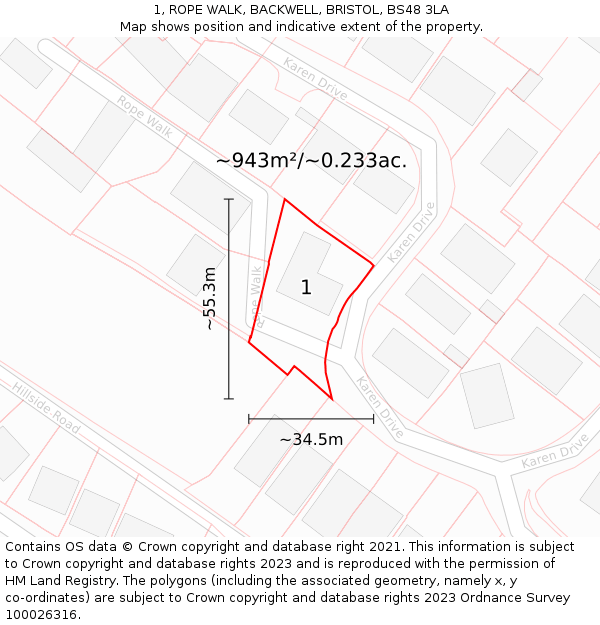 1, ROPE WALK, BACKWELL, BRISTOL, BS48 3LA: Plot and title map
