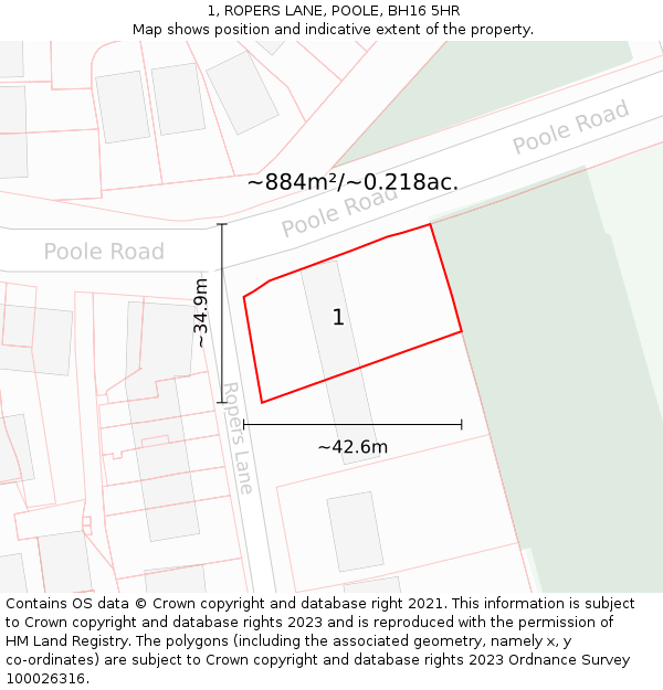 1, ROPERS LANE, POOLE, BH16 5HR: Plot and title map
