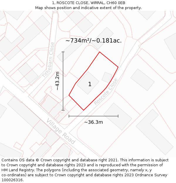 1, ROSCOTE CLOSE, WIRRAL, CH60 0EB: Plot and title map
