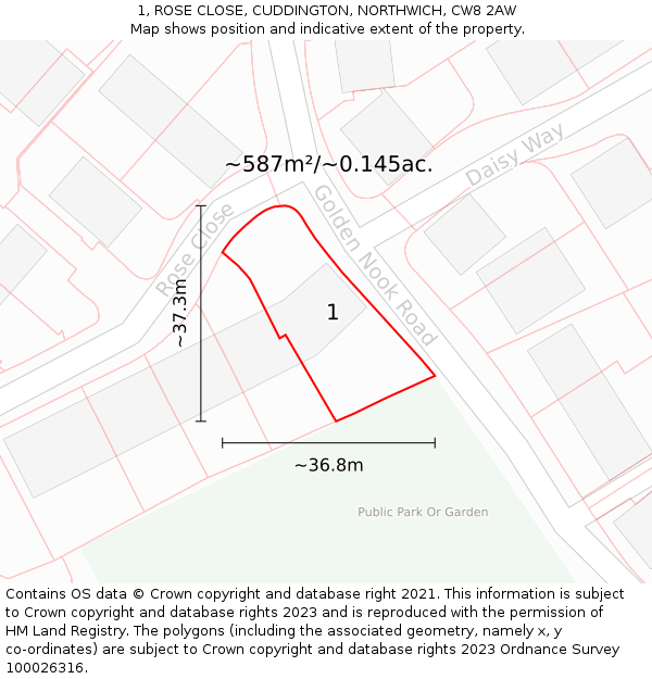 1, ROSE CLOSE, CUDDINGTON, NORTHWICH, CW8 2AW: Plot and title map