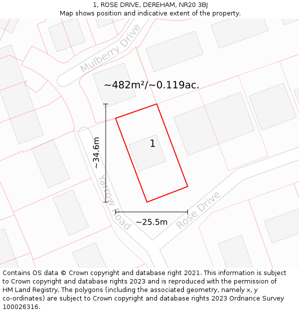 1, ROSE DRIVE, DEREHAM, NR20 3BJ: Plot and title map