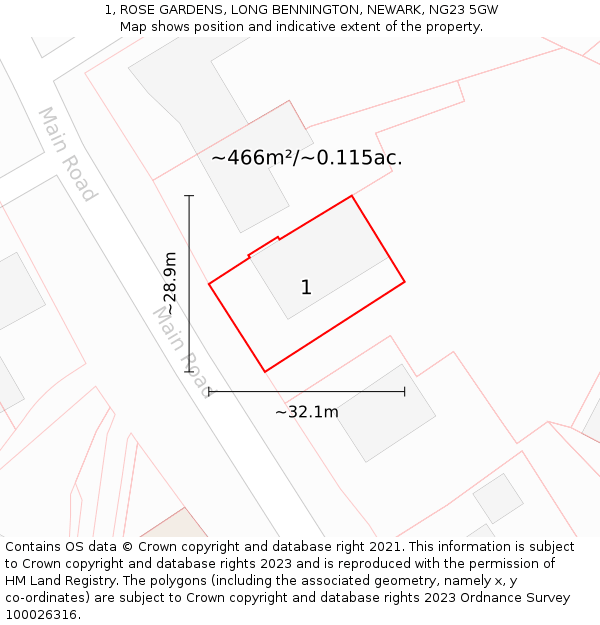 1, ROSE GARDENS, LONG BENNINGTON, NEWARK, NG23 5GW: Plot and title map