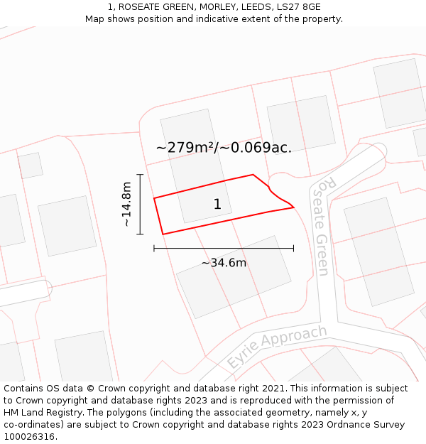 1, ROSEATE GREEN, MORLEY, LEEDS, LS27 8GE: Plot and title map