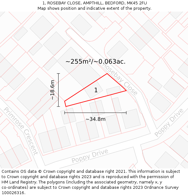 1, ROSEBAY CLOSE, AMPTHILL, BEDFORD, MK45 2FU: Plot and title map