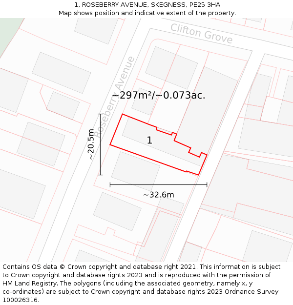 1, ROSEBERRY AVENUE, SKEGNESS, PE25 3HA: Plot and title map