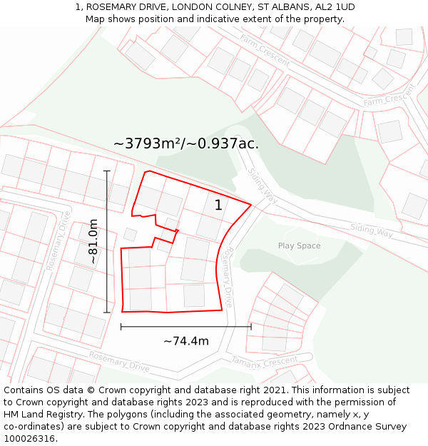 1, ROSEMARY DRIVE, LONDON COLNEY, ST ALBANS, AL2 1UD: Plot and title map
