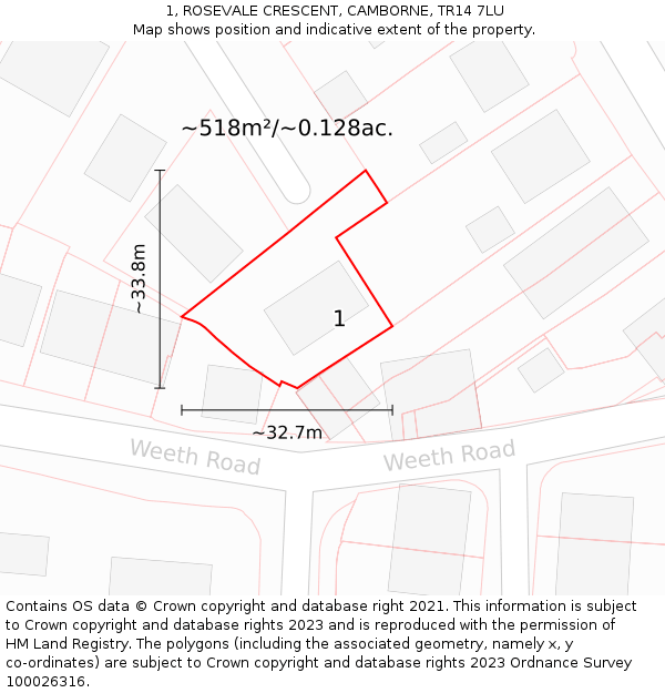 1, ROSEVALE CRESCENT, CAMBORNE, TR14 7LU: Plot and title map