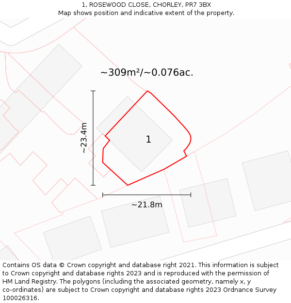 1, ROSEWOOD CLOSE, CHORLEY, PR7 3BX: Plot and title map