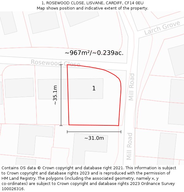 1, ROSEWOOD CLOSE, LISVANE, CARDIFF, CF14 0EU: Plot and title map