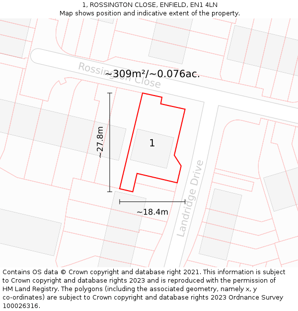 1, ROSSINGTON CLOSE, ENFIELD, EN1 4LN: Plot and title map