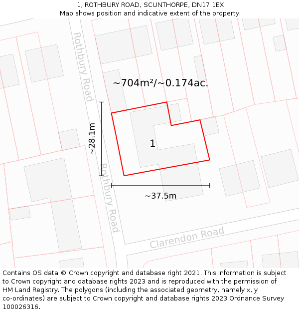 1, ROTHBURY ROAD, SCUNTHORPE, DN17 1EX: Plot and title map