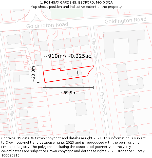 1, ROTHSAY GARDENS, BEDFORD, MK40 3QA: Plot and title map
