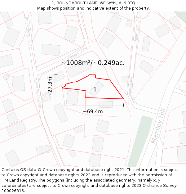 1, ROUNDABOUT LANE, WELWYN, AL6 0TQ: Plot and title map