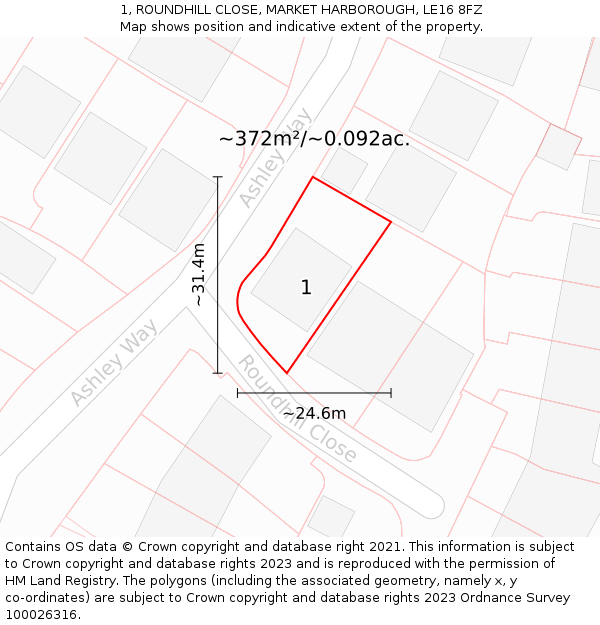 1, ROUNDHILL CLOSE, MARKET HARBOROUGH, LE16 8FZ: Plot and title map