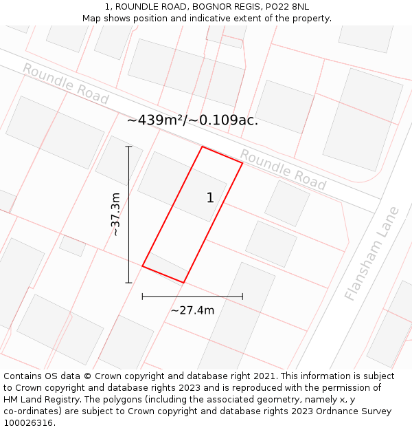 1, ROUNDLE ROAD, BOGNOR REGIS, PO22 8NL: Plot and title map