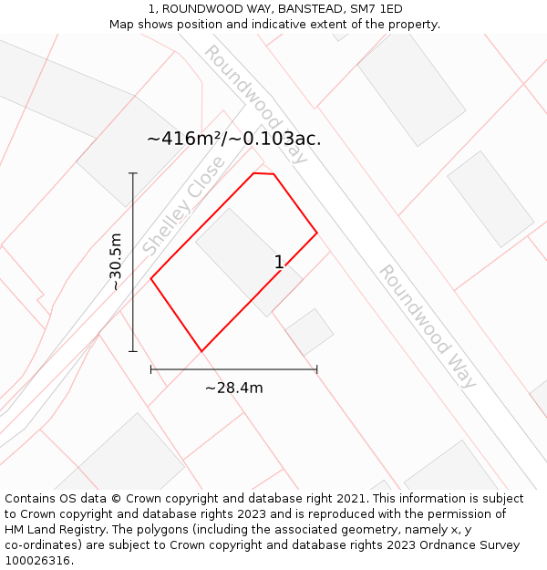 1, ROUNDWOOD WAY, BANSTEAD, SM7 1ED: Plot and title map
