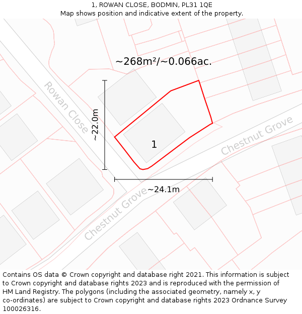1, ROWAN CLOSE, BODMIN, PL31 1QE: Plot and title map