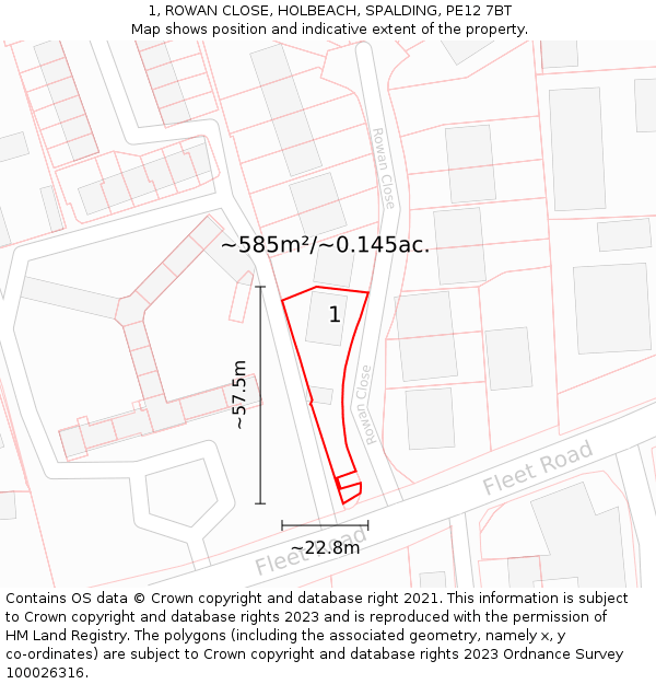 1, ROWAN CLOSE, HOLBEACH, SPALDING, PE12 7BT: Plot and title map