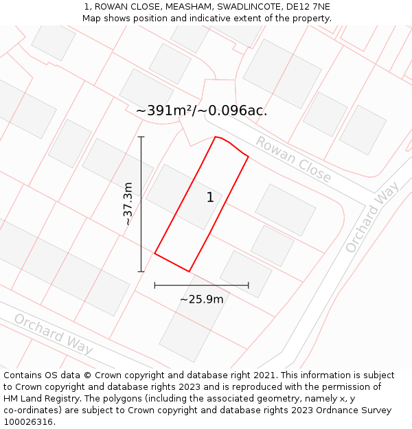1, ROWAN CLOSE, MEASHAM, SWADLINCOTE, DE12 7NE: Plot and title map