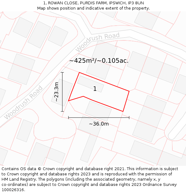 1, ROWAN CLOSE, PURDIS FARM, IPSWICH, IP3 8UN: Plot and title map