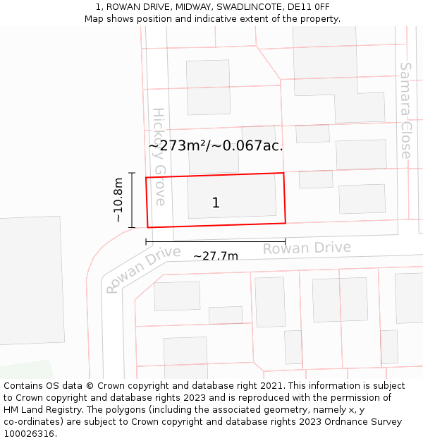 1, ROWAN DRIVE, MIDWAY, SWADLINCOTE, DE11 0FF: Plot and title map