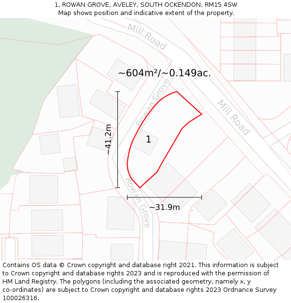 1, ROWAN GROVE, AVELEY, SOUTH OCKENDON, RM15 4SW: Plot and title map