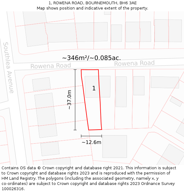 1, ROWENA ROAD, BOURNEMOUTH, BH6 3AE: Plot and title map