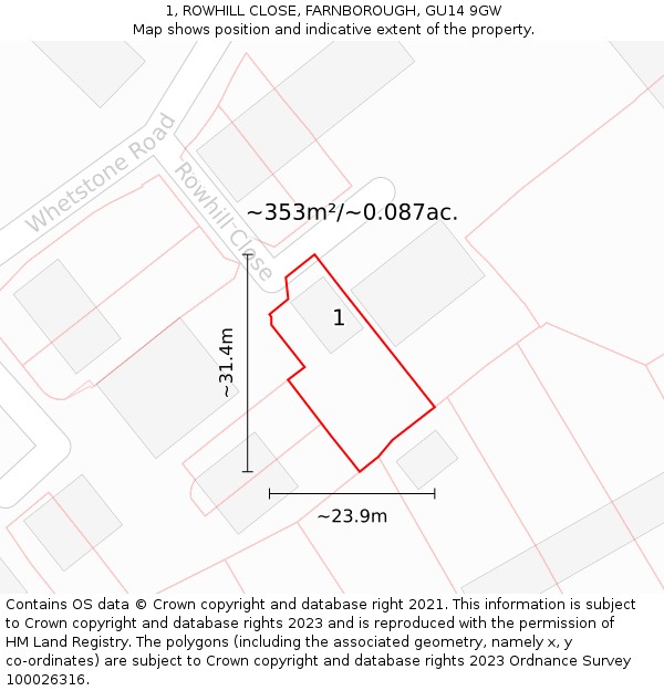 1, ROWHILL CLOSE, FARNBOROUGH, GU14 9GW: Plot and title map