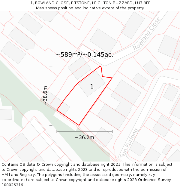 1, ROWLAND CLOSE, PITSTONE, LEIGHTON BUZZARD, LU7 9FP: Plot and title map