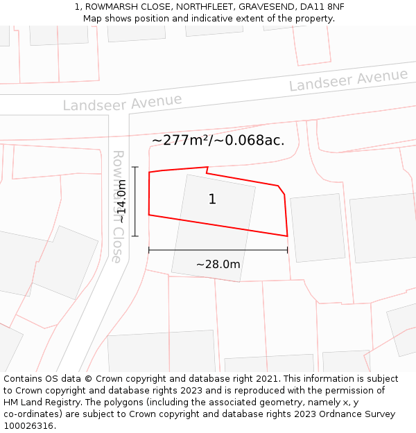 1, ROWMARSH CLOSE, NORTHFLEET, GRAVESEND, DA11 8NF: Plot and title map