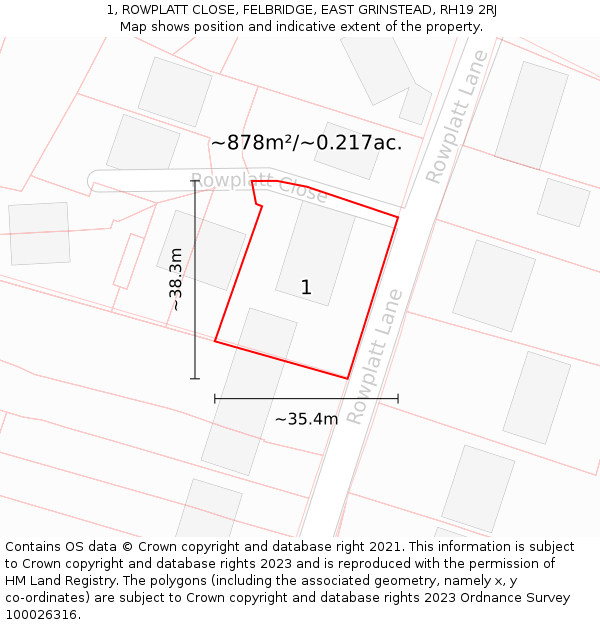 1, ROWPLATT CLOSE, FELBRIDGE, EAST GRINSTEAD, RH19 2RJ: Plot and title map