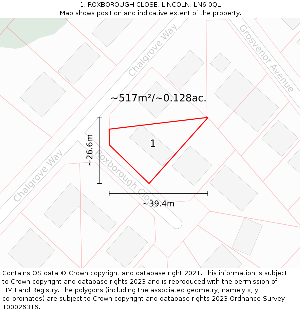1, ROXBOROUGH CLOSE, LINCOLN, LN6 0QL: Plot and title map