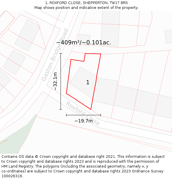 1, ROXFORD CLOSE, SHEPPERTON, TW17 8RS: Plot and title map