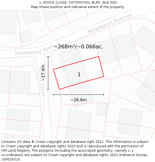 1, ROYDS CLOSE, TOTTINGTON, BURY, BL8 3QD: Plot and title map