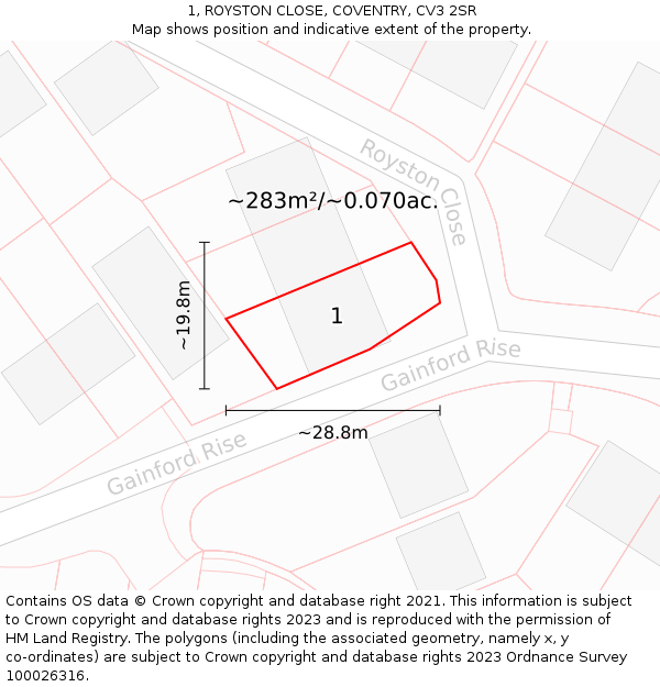 1, ROYSTON CLOSE, COVENTRY, CV3 2SR: Plot and title map