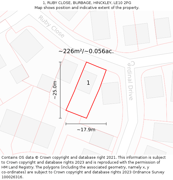 1, RUBY CLOSE, BURBAGE, HINCKLEY, LE10 2PG: Plot and title map