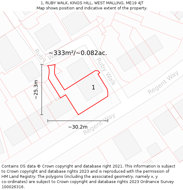 1, RUBY WALK, KINGS HILL, WEST MALLING, ME19 4JT: Plot and title map