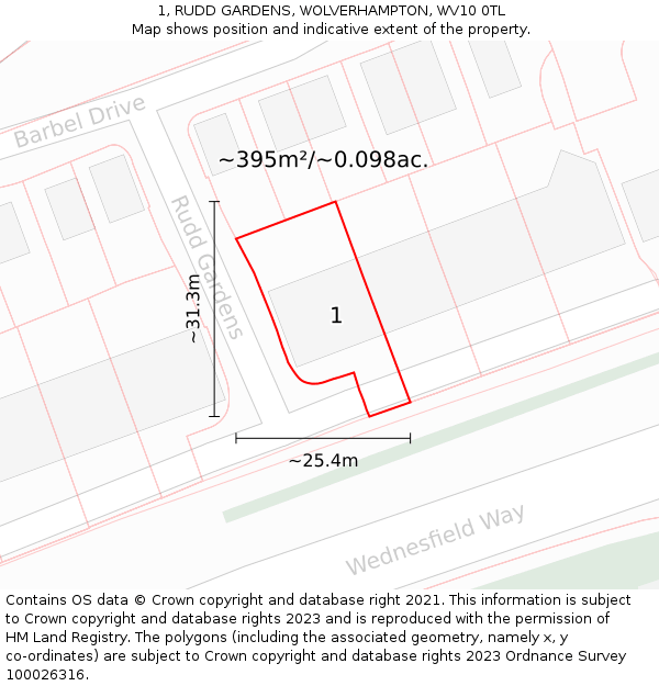 1, RUDD GARDENS, WOLVERHAMPTON, WV10 0TL: Plot and title map