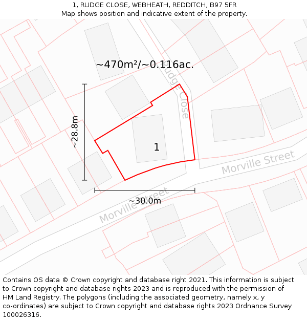 1, RUDGE CLOSE, WEBHEATH, REDDITCH, B97 5FR: Plot and title map
