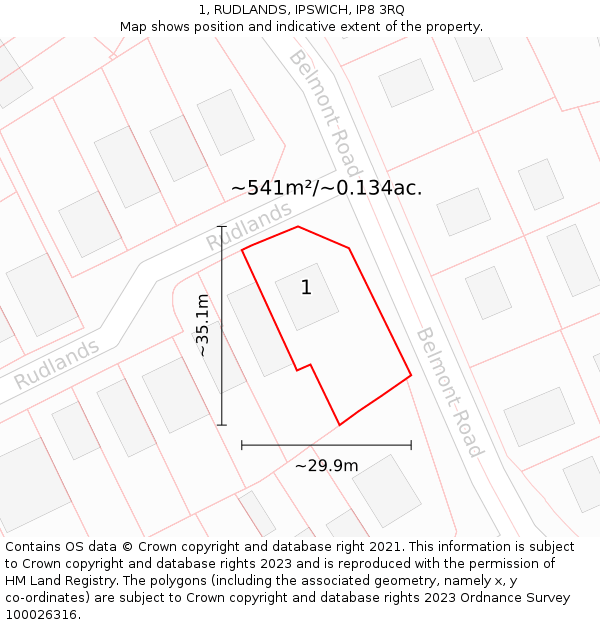 1, RUDLANDS, IPSWICH, IP8 3RQ: Plot and title map