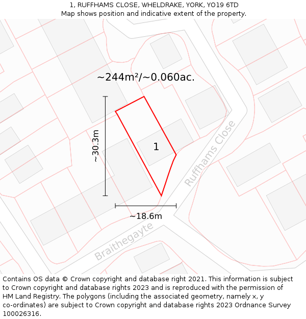 1, RUFFHAMS CLOSE, WHELDRAKE, YORK, YO19 6TD: Plot and title map