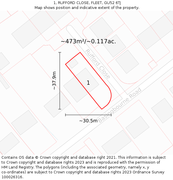 1, RUFFORD CLOSE, FLEET, GU52 6TJ: Plot and title map