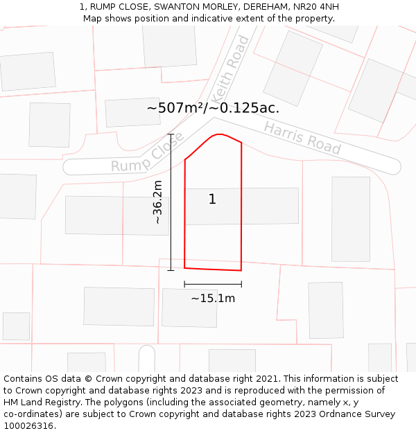 1, RUMP CLOSE, SWANTON MORLEY, DEREHAM, NR20 4NH: Plot and title map