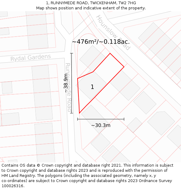 1, RUNNYMEDE ROAD, TWICKENHAM, TW2 7HG: Plot and title map