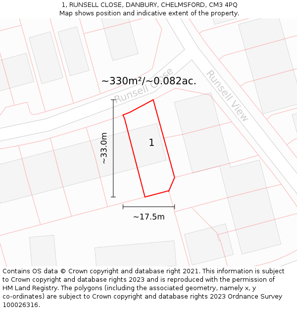 1, RUNSELL CLOSE, DANBURY, CHELMSFORD, CM3 4PQ: Plot and title map